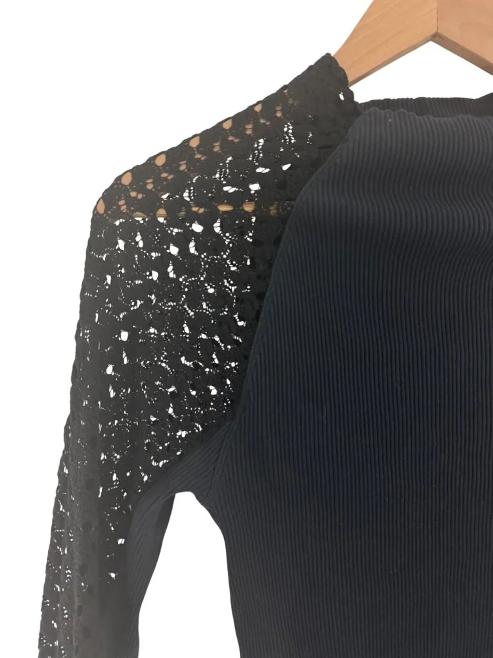 Free People Clemente Top Navy Blue Ribbed Bodice Black Lace Long Sleeve XL Shirt